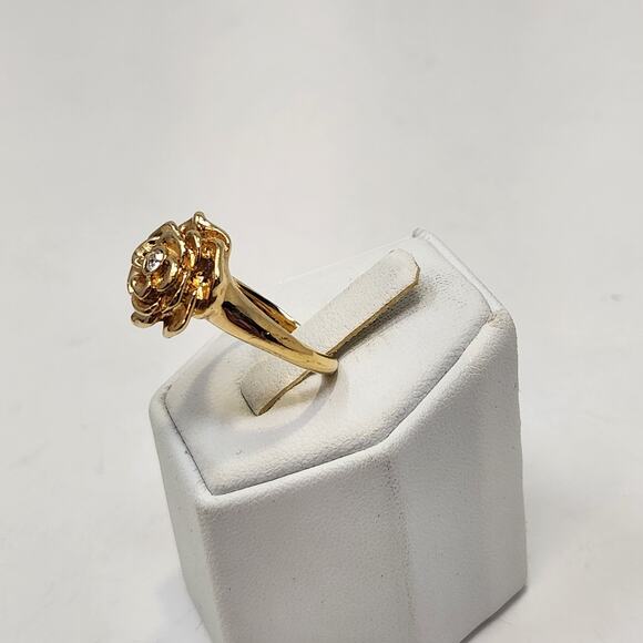 Rose Crystal Yellow Gold Tone Cocktail Fashion Ring Size 8 Floral Flower Jewelry - Picture 2 of 4